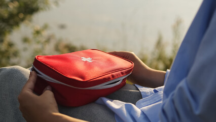 First aid kit. Pond and first aid kit. Pond. High quality photo.