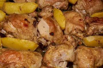 Oven-baked chicken pieces with potato slices and seasoning mixture. Close-up.
