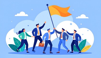 Successful team raising a flag