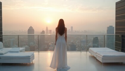 Woman in elegant white dress stands on modern balcony, overlooking cityscape at serene urban sunset. Sophisticated relaxation scene with skyline silhouette, metropolitan architecture, chic fashion,