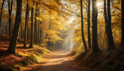 Naklejka premium Autumn Forest Path Sunlight Filtering Through Trees Golden Colors Scenic Nature Trail