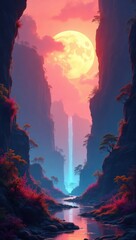 Mountains, sunrise in the valley of a wonderful waterfall