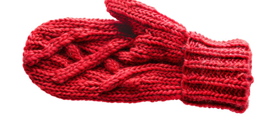A vibrant red knitted mitten with intricate patterns, positioned against a white background, showcasing its texture and warmth, ideal for winter fashion or cozy accessory promotions