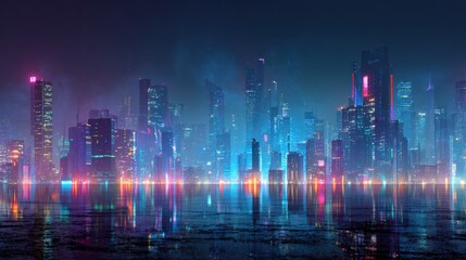 Fototapeta premium Cyberpunk city at night with glowing streets, isolated on a white background