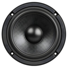 Close-Up Black Speaker Driver with Textured Cone, Isolated on White or Transparent Background
