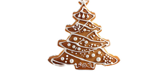 A beautifully decorated gingerbread Christmas tree with icing and sugar embellishments, set against a plain background, perfect for holiday-themed culinary displays or festive celebrations