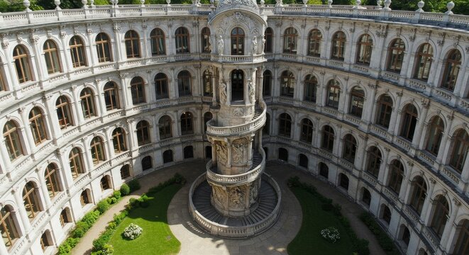 Magnificent ornate palace courtyard with elaborate white stone spiral staircase