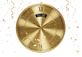 Golden clock striking midnight with confetti isolated on transparent background