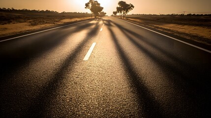 Fototapeta premium Long shadows stretch across a paved road at sunrise.