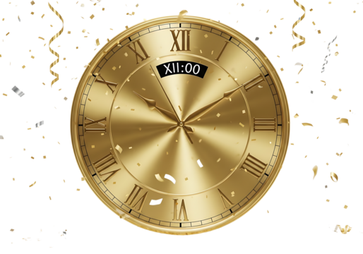 Golden clock striking midnight with confetti isolated on transparent background