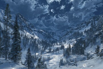 Snowy mountain valley at night, with a crescent moon and cloudy sky
