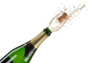 Champagne bottle cork popping with a splash isolated on transparent background