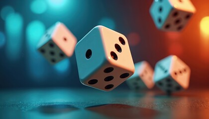 White dice suspended midair creating motion and excitement. Blurred background with vibrant lights accentuates dice edges. Captures gambling, chance, and probability themes.