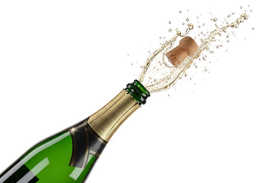 Champagne bottle cork popping with a splash isolated on transparent background