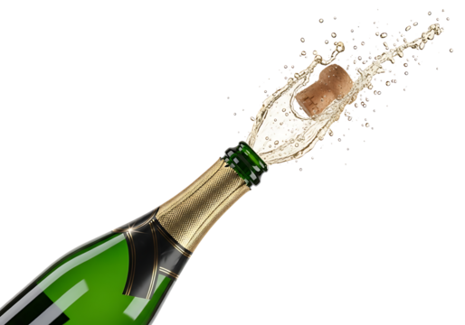Champagne bottle cork popping with a splash isolated on transparent background