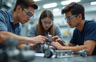 Three students collaborate in workshop on mechanical engineering project, assembling complex machine. Focused on learning, innovation, wear safety goggles for technical education, scientific research.