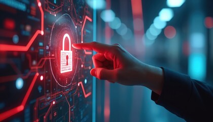 Hand touches glowing holographic padlock interface in futuristic cybersecurity environment. Digital technology, innovation concept with glowing circuits and abstract blue bokeh background.