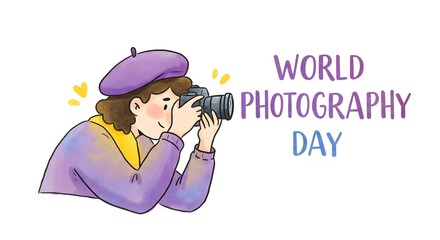 Photo of illustration celebrating world photography day, showing a person with a beret holding a camera and taking a picture, with colorful text