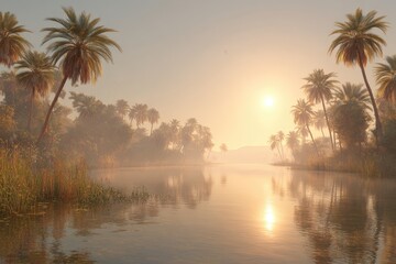 Misty sunrise over a tranquil river, framed by palm trees