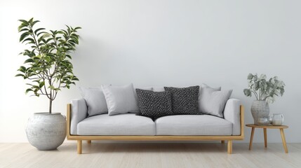 Contemporary living room with a simple sofa and neutral accents, isolated on a white background
