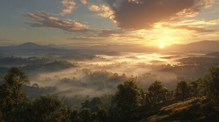 Fototapeta premium Misty valley illuminated by sunrise; trees and mountains in the background