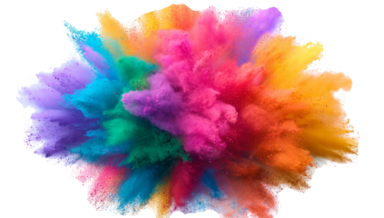 A burst of colorful powder creates a beautiful, vivid display against a bright white background, A photo of colorful bright rainbow holi paint color powder explosion isolated on white background.