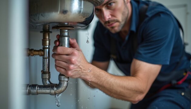 Plumber working on leaking pipe under kitchen sink. Man in blue uniform repairs burst pipe causing water drips. Emergency service for home plumbing issues. Professional at work fixing water damage. - Powered by Adobe