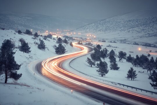 Snowy mountain road at night, car lights trails