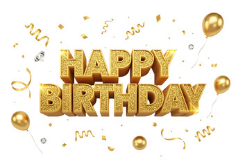 Golden happy birthday text with balloons and confetti isolated on transparent background
