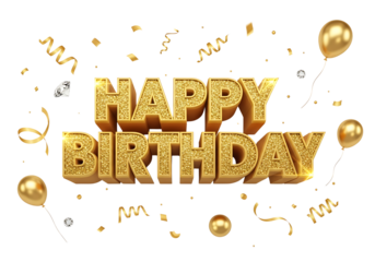 Golden happy birthday text with balloons and confetti isolated on transparent background