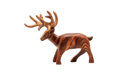 A beautifully crafted wooden deer figurine showcasing intricate details and natural wood grain, positioned against a plain background, ideal for home decor or artistic display