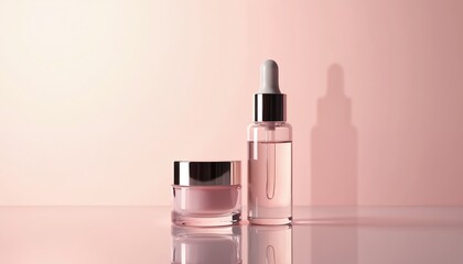 Realistic mockup of blank cosmetic bottle with dropper, cream jar. Elegant pink packaging design for beauty, skincare products. High-quality transparent containers, pro, minimalist aesthetic for