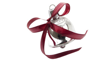 A beautifully polished silver bell adorned with a rich burgundy ribbon, symbolizing celebration and joy, set against a clean white background, perfect for holiday decorations