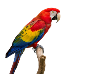 A colorful scarlet macaw parrot perched on a branch isolated on transparent background