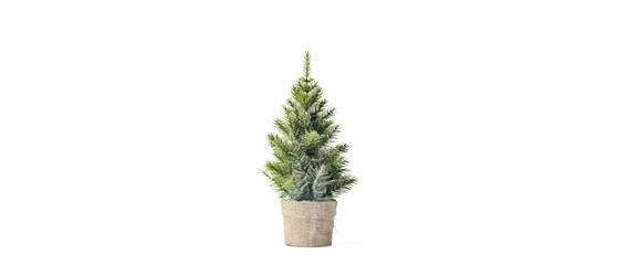 A vibrant green potted artificial Christmas tree stands upright on a simple white background, creating a festive atmosphere perfect for holiday decorations and celebrations