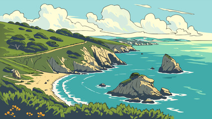 Coastal landscape painting of ocean cliffs and beach scenic view of california coastline with blue water © Fiaz