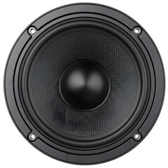 Close-Up Black Speaker Driver with Textured Cone, Isolated on White or Transparent Background