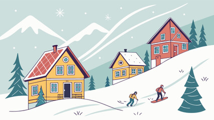 Winter vacation homes in snowy mountain landscape with skiers and snowboarders enjoying the slopes scene