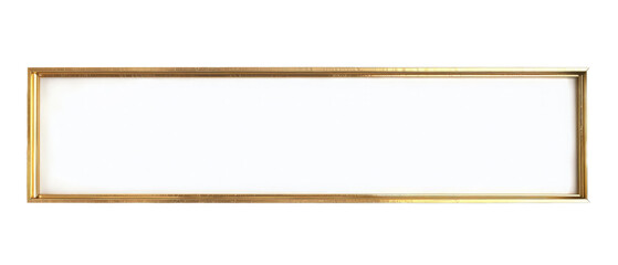 Elegant, empty rectangular frame with a gold finish, designed for showcasing artwork or photographs, set against a clean white background, ideal for home decor or gallery displays