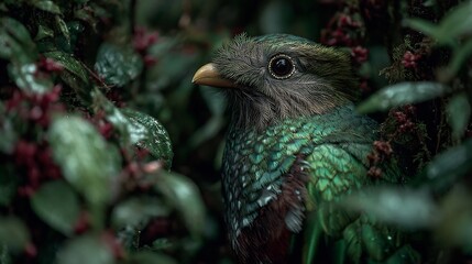 Obraz premium Discover the vibrant plumage of this resplendent quetzal bird hidden amongst lush foliage in the rainforest