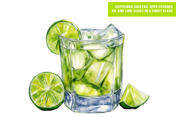 Caipirinha cocktail with crushed ice and lime slices in a short glass. Watercolor illustration isolated on transparent background. Traditional Brazilian drink with cachaca