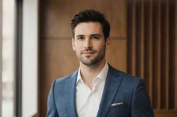 Handsome Businessman Portrait Stylish Jacket, Wood Paneling Background ai generated