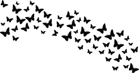 Black silhouette butterflies flying diagonally in swarm, decorative butterfly pattern, nature insect design, elegant winged art, group of butterflies isolated background
