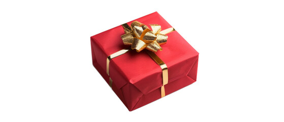 A beautifully wrapped red gift box adorned with a golden ribbon and bow, set against a plain background, perfect for holiday celebrations or special occasions