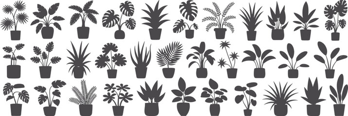 Potted plant silhouette collection, tropical houseplant icons, indoor greenery set, botanical decoration vector art, nature clipart elements, flat vector illustration
