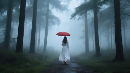 Mysterious Woman with Red Umbrella Walking in a Dark Misty Forest