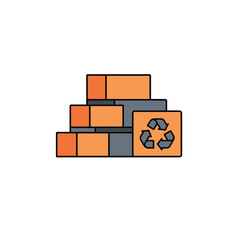 A simple illustration depicts a stack of cardboard boxes, some with orange accents, and one prominently displaying the universal recycling symbol, isolated on white.