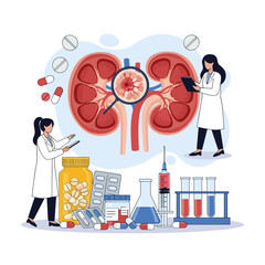 Medical professionals examine kidney health illustrating research and pharmaceutical advancements in nephrology care
