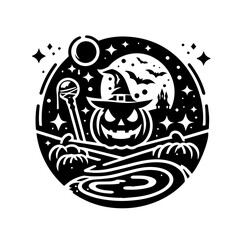 Halloween scene with a carved pumpkin wearing a witch hat, bats flying near a castle under a full moon, and a winding path.