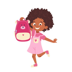 Happy dark-skinned schoolgirl with curly hair jumping Cartoon child carrying bear-shaped backpack, ready for school Joyful vector pupil character for education materials, kids designs Back to school